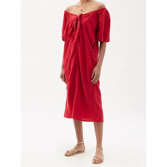 MARA HOFFMAN Aliz Reversible Gathered Linen-Blend Midi Dress Sz L NWT - Picture 1 of 9
